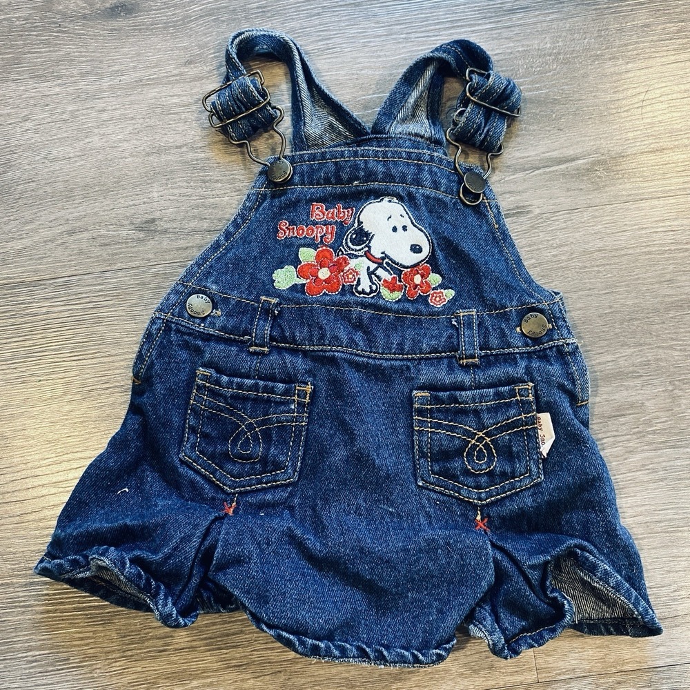 VINTAGE SNOOPY BABY‎ OVERALL DRESS DENIM EMBROIDERED FLORAL PLEATED 3/6